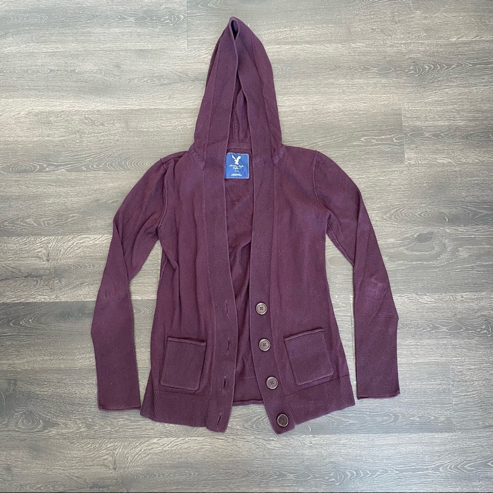 American Eagle Plum Button Up Hooded Cardigan - Picture 1 of 5